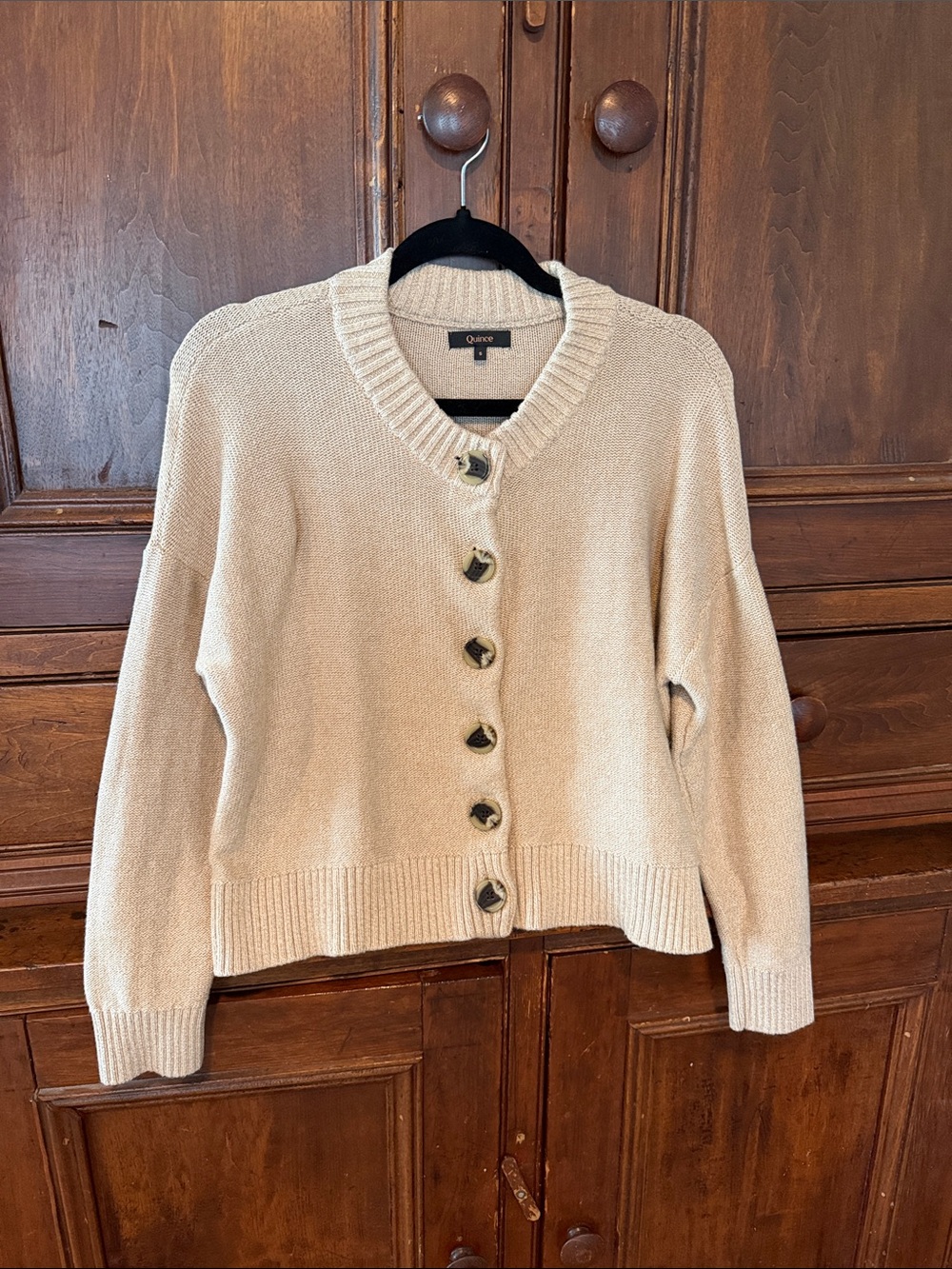 Quince Beige Button-Front Cotton Blend Cardigan